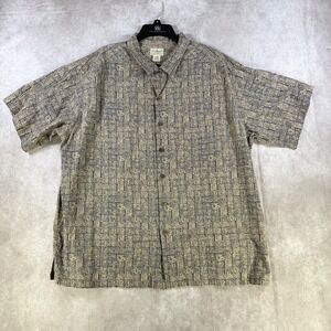 LL Bean Camp Shirt Men XL Blue Beige Short Sleeve Button Up Aztec Mayan Hawaiian